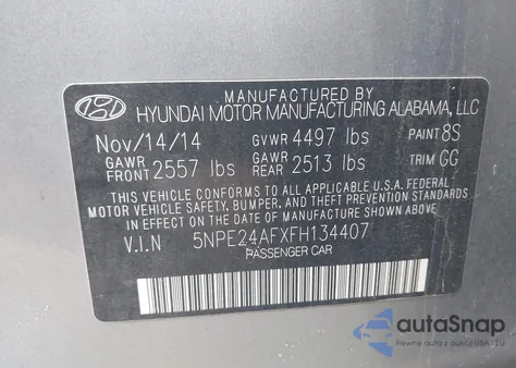 2015 Hyundai Sonata Se from USA, damaged, VIN 5NPE24AFXFH134407